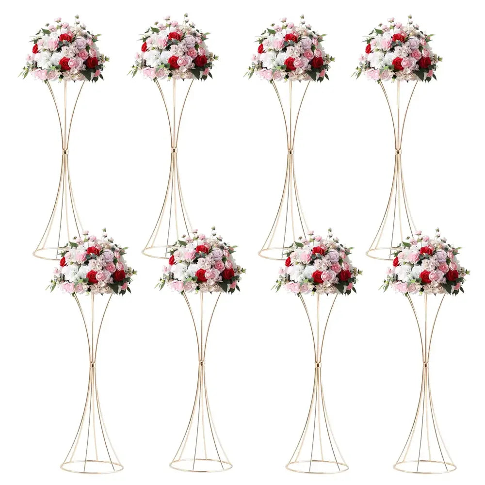 Eight elegant gold-toned metal trumpet flower stands with lush artificial roses in red pink and white by DecorBites