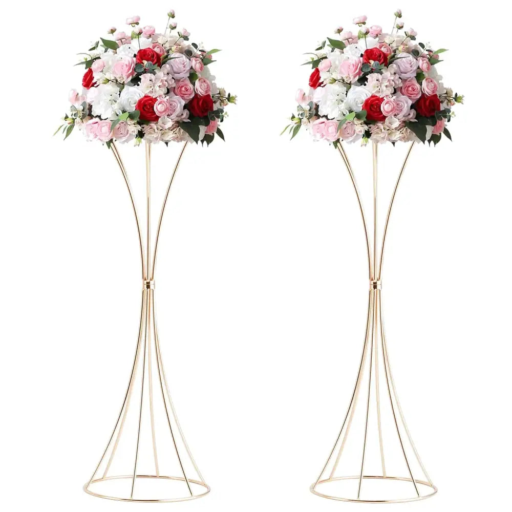 Elegant gold-toned metal trumpet flower stands by decorbites holding lush artificial roses in pink red and white