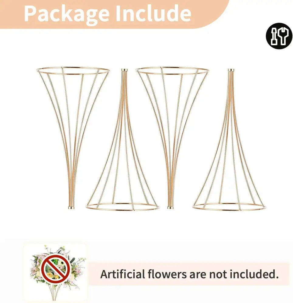 Four gold-toned metal trumpet flower stands with conical wireframe design by decorbites for elegant vase display