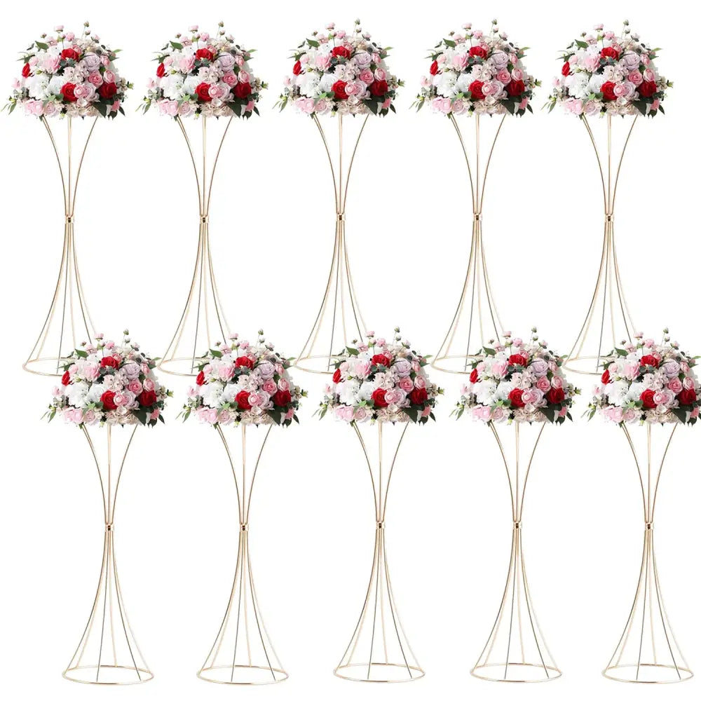 Set of ten DecorBites metal trumpet flower stands with gold-toned vases holding red pink and white artificial roses