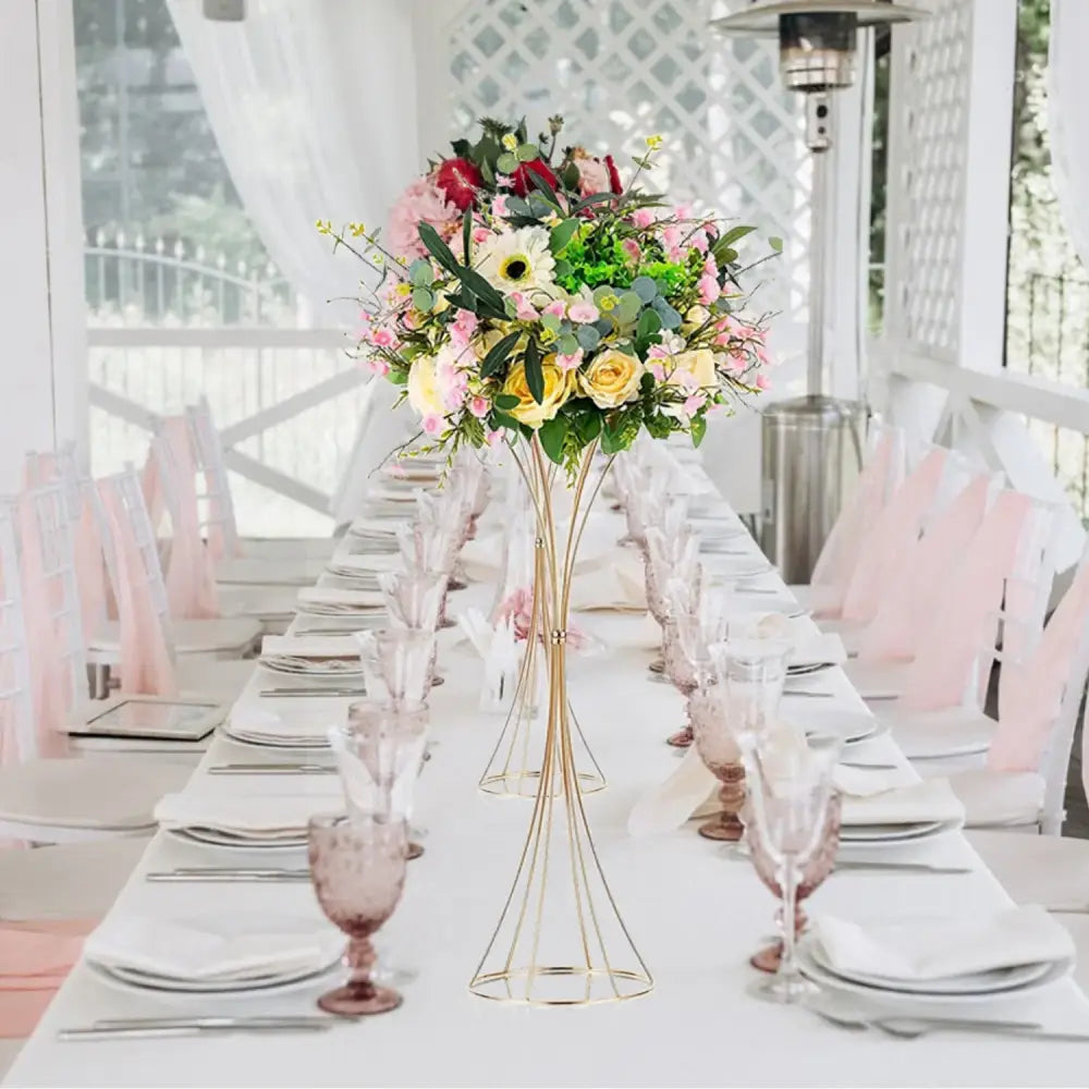 Decorbites gold metal trumpet flower stand vase with slender wireframe and vibrant pink yellow white bouquet