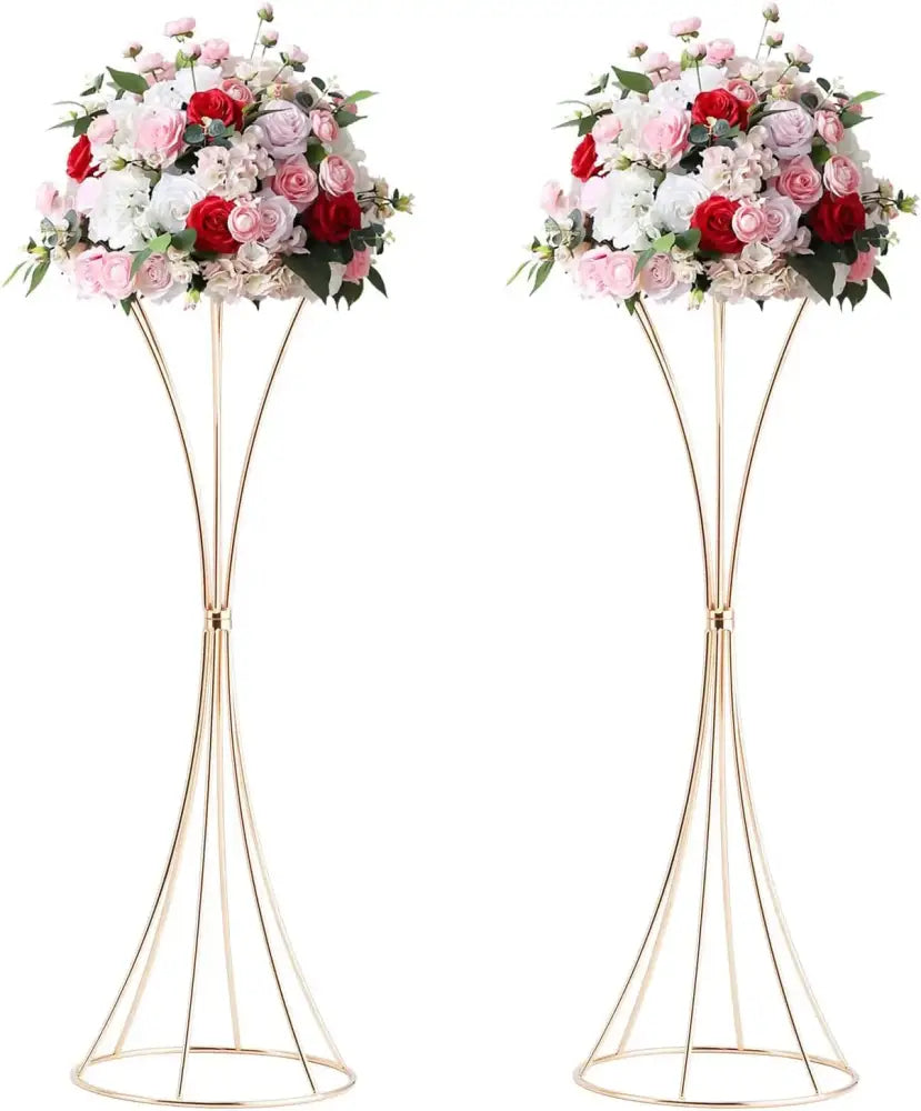 DecorBites™ gold metal trumpet flower stands with cascading artificial roses in red pink and white shades