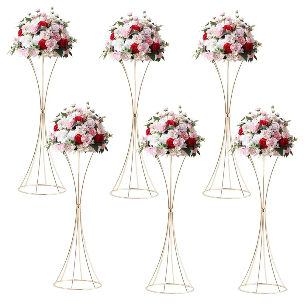 DecorBites gold metal trumpet flower stands holding lush pink red and white artificial rose arrangements