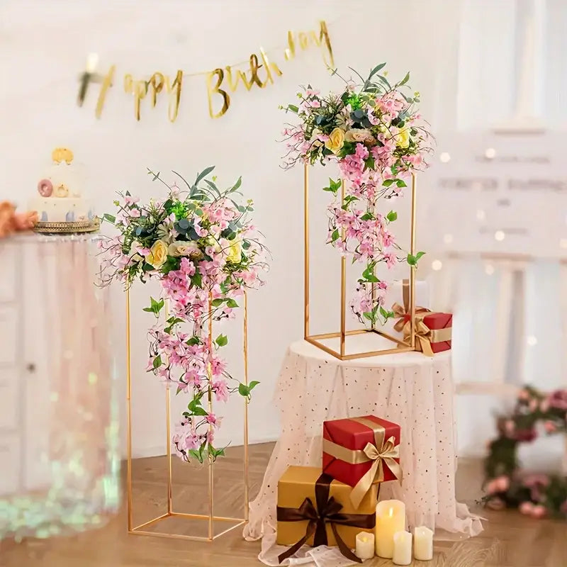 Elegant gold metal vase set by decorbites featuring floral arrangements with cascading pink and yellow artificial flowers