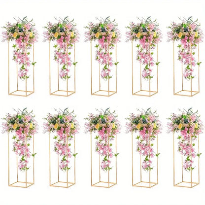 Decorbites gold metal vase set featuring gold-toned geometric metal vase flower stands with cascading artificial blooms