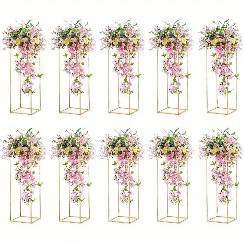 Decorbites gold metal vase set featuring gold-toned geometric metal vase flower stands with cascading artificial blooms