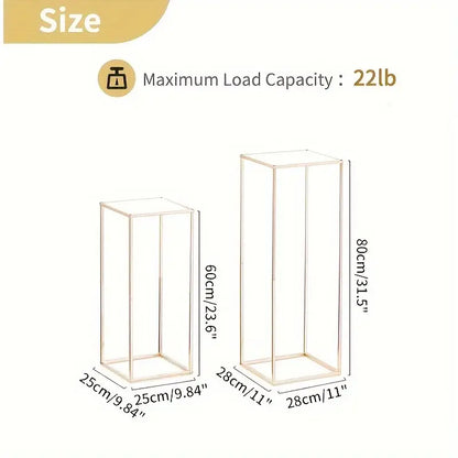 Decorbites gold metal vase set featuring gold-toned metal rectangular display stands with clear glass panels for home events
