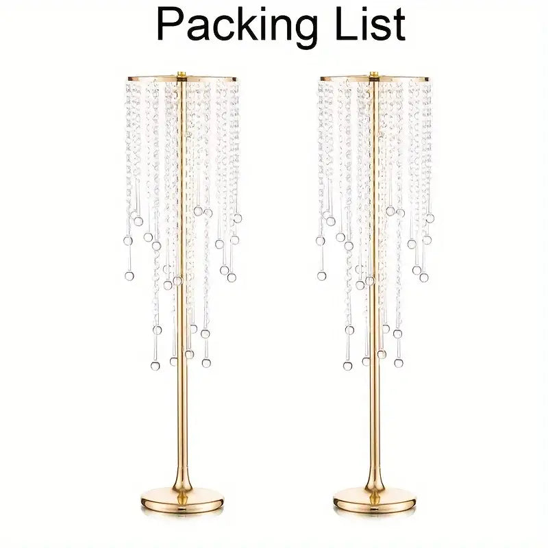 Decorbites™ gold metal vases set featuring elegant 29.6 inch gold metal chandelier stands with cascading clear beads and accents