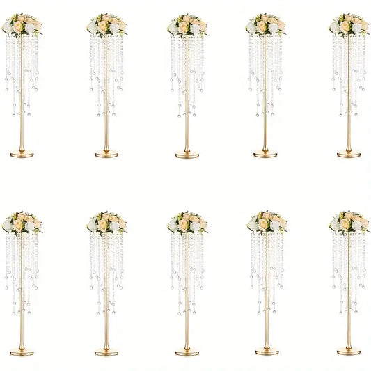 DecorBites gold metal vases set features tall 29.6 inch gold metal floral centerpieces with cream roses and crystal beads