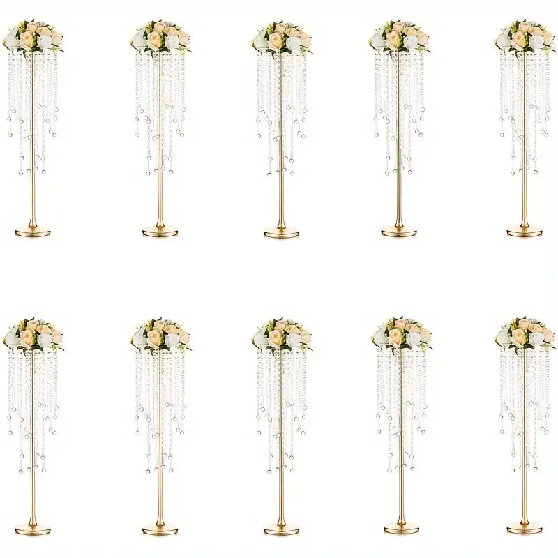 DecorBites gold metal vases set features tall 29.6 inch gold metal floral centerpieces with cream roses and crystal beads