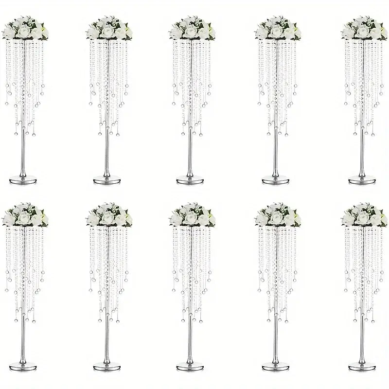 Decorbites™ gold metal vases set featuring silver metallic tall centerpieces with cascading crystal beads and white roses