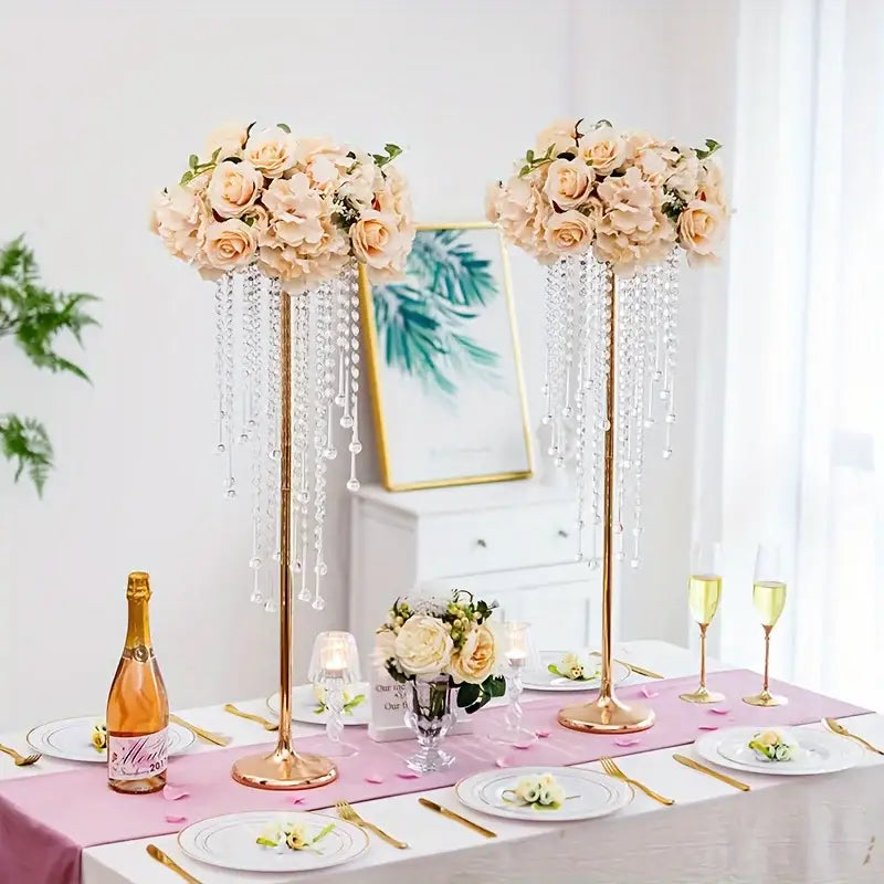 Tall gold metal vases set with 29.6 inch height featuring crystal chandelier style and peach floral arrangements