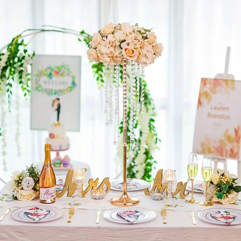 Decorbites gold metal vases set featuring a tall 29.6 inch gold metal vase with cascading clear beads and peach roses