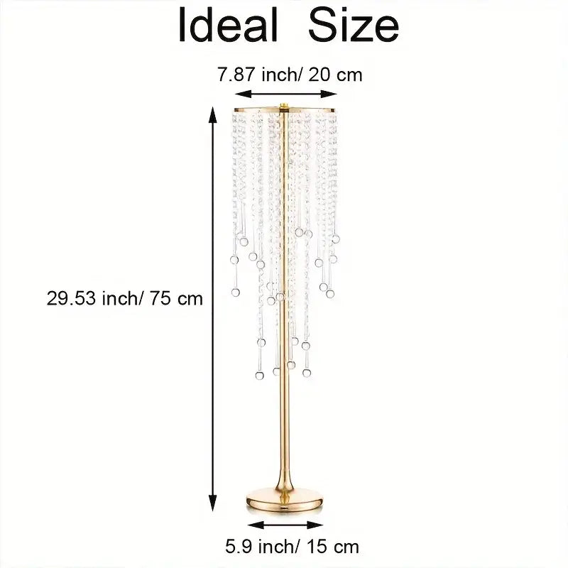 DecorBites gold metal vases set features an elegant 29.6 inch gold-toned crystal chandelier stand with clear beads
