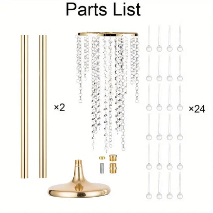 Gold-toned crystal chandelier centerpiece with cascading beads and spherical accents in gold metal vases set 29.6 inch tall