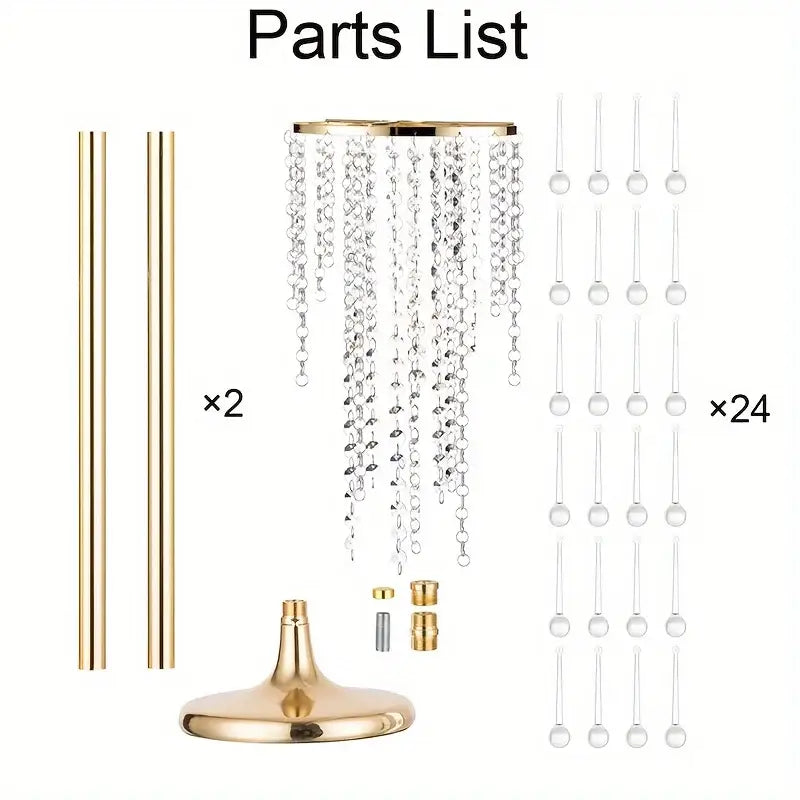 Gold-toned crystal chandelier centerpiece with cascading beads and spherical accents in gold metal vases set 29.6 inch tall