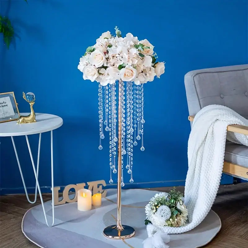 DecorBites gold metal vases set with elegant 29.6 inch height and crystal chandelier centerpiece with white roses