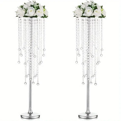 Two tall gold metal vases with clear crystal beads and white floral arrangements from decorbites™ set 29.6 inches tall