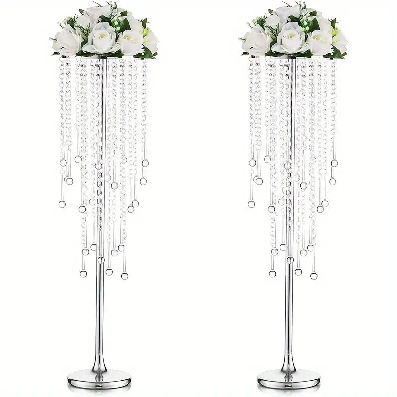 Two tall gold metal vases with clear crystal beads and white floral arrangements from decorbites™ set 29.6 inches tall