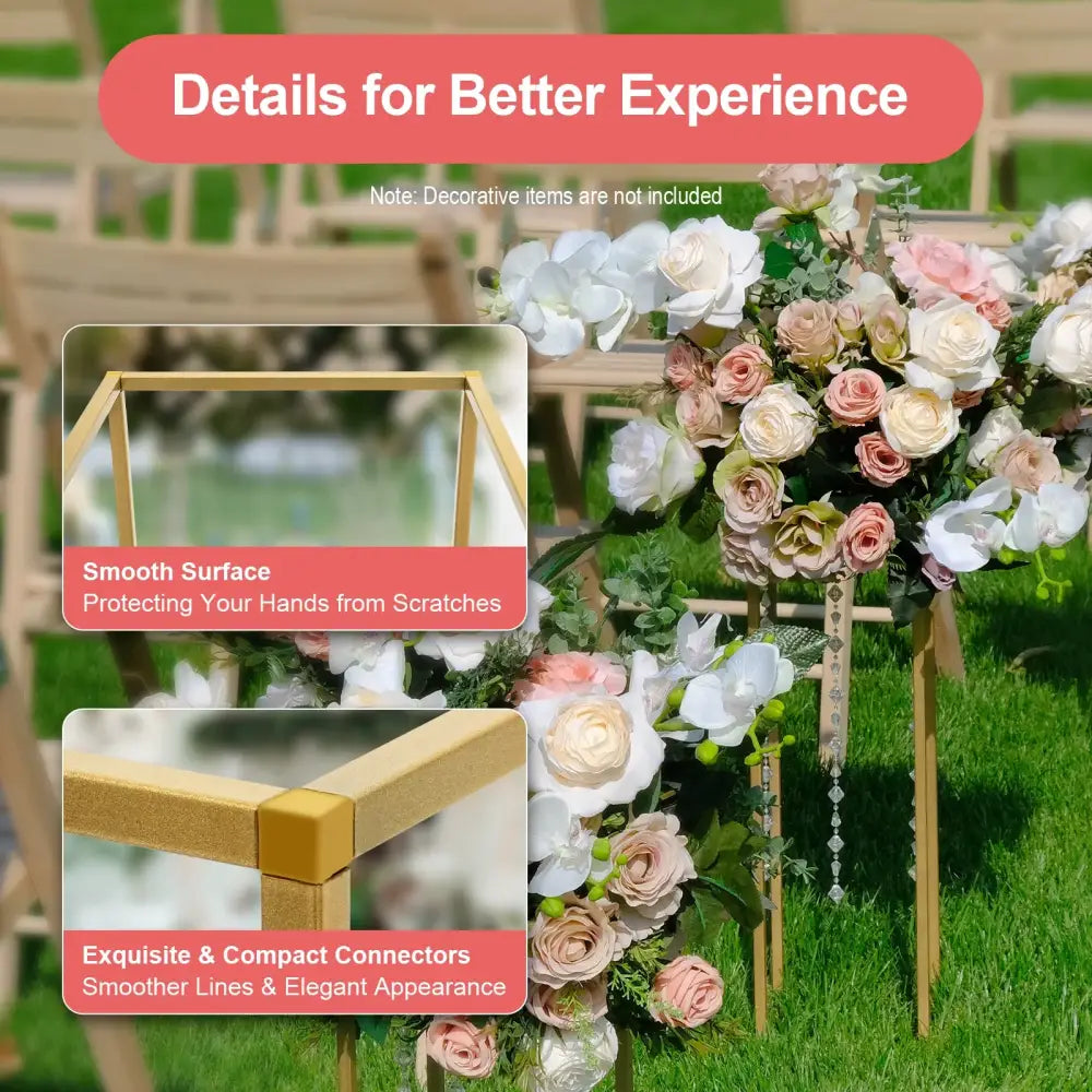 DecorBites gold metal wedding flower stand set with smooth sleek surfaces and elegant corner connectors
