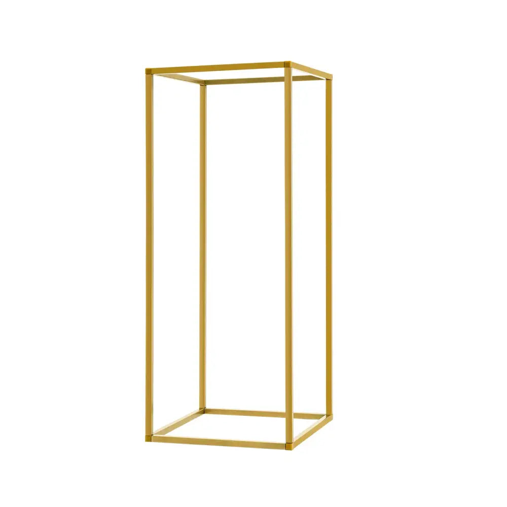 Gold metal wedding flower stand with minimalist rectangular frame for elegant wedding flower display by decorbites