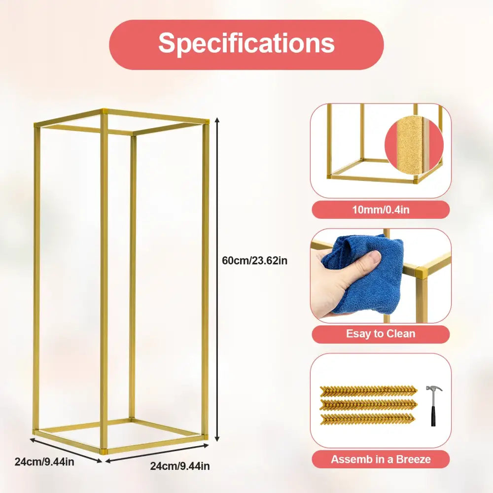 Gold metal rectangular flower stand with sleek minimalist design for wedding flower display by decorbites