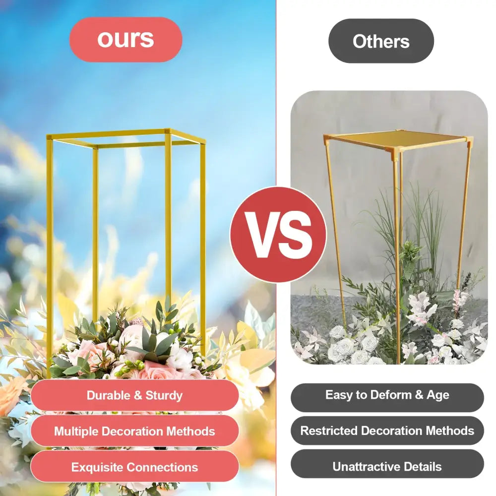 Decorbites gold metal wedding flower stand set with rectangular frame and open sides for elegant wedding flower display