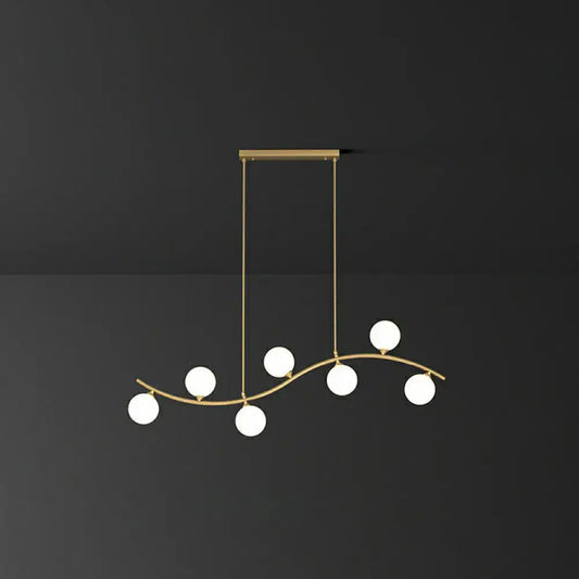 Gold-toned decorbites milk ball glass pendant lighting with curved metal arm and five bulbs for minimalist wavy ceiling