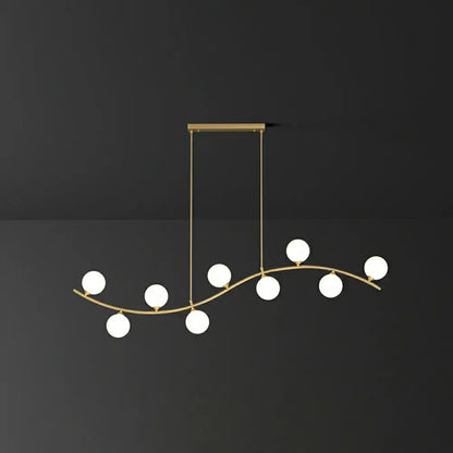 DecorBites gold milk ball glass pendant lighting with curved branch design and seven frosted globes for minimalist wavy ceiling