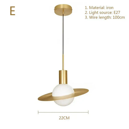 Decorbites gold modern pendant light with frosted glass globe and gold-toned iron saturn ring design for dining room