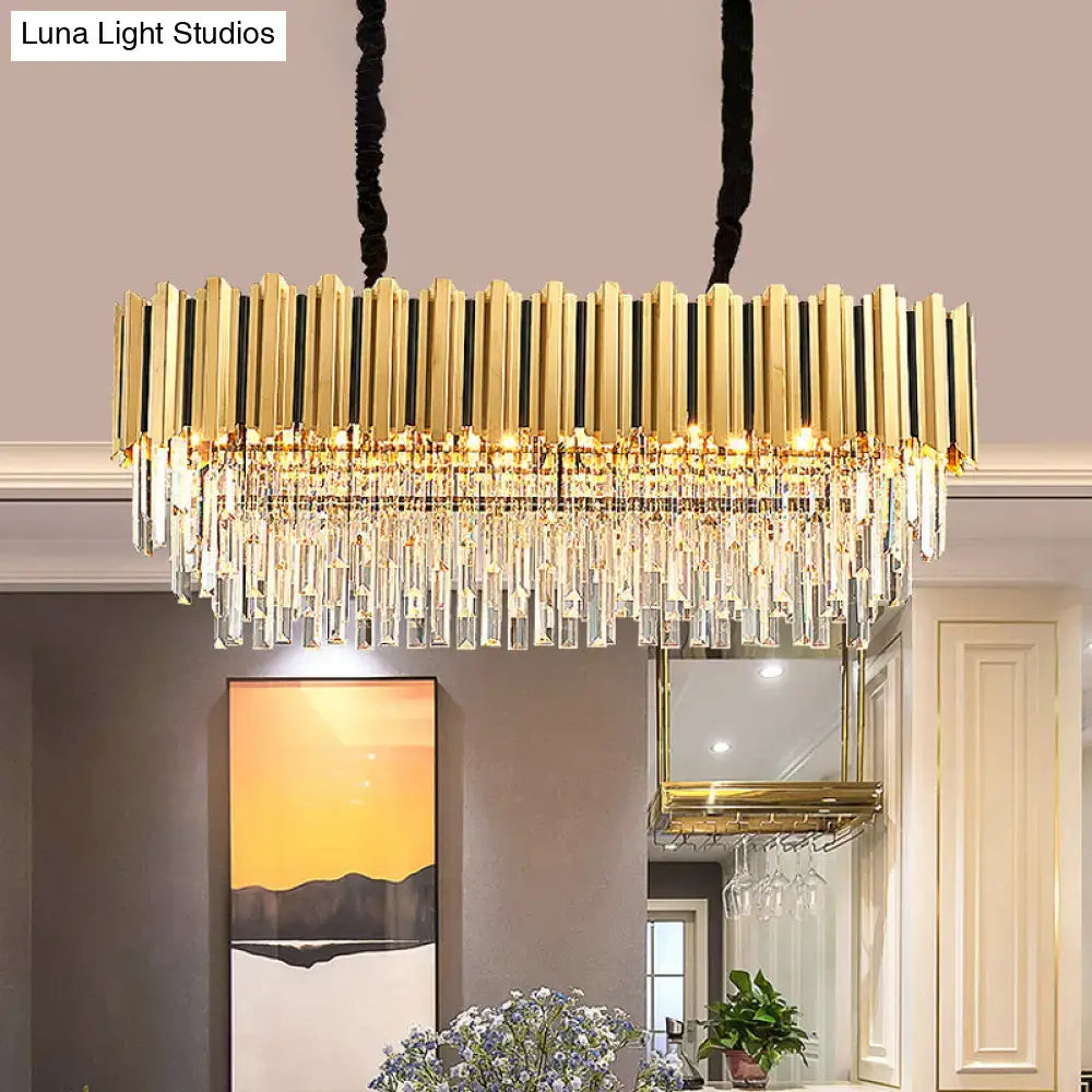 DecorBites gold oblong crystal rod pendant island light features vertical bars and cascading prisms 110v-120v