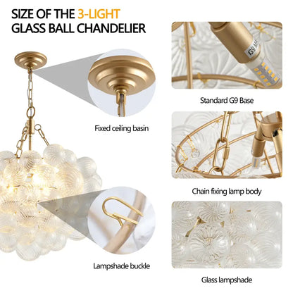 DecorBites gold pendant chandelier with adjustable height featuring 3-light clear textured glass lampshades