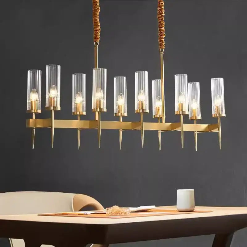 Decorbites gold plated nordic living room chandelier with gold tone, clear glass cylinders, and braided cord suspension