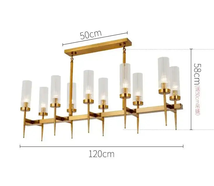 Decorbites gold plated nordic living room chandelier with nine clear glass cylinders and slender gold toned metallic arms