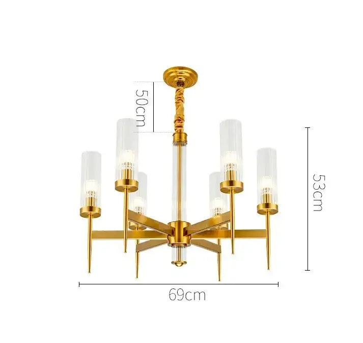 Decorbites gold plated nordic living room chandelier with six clear glass cylinders and central brass rod in gold finish