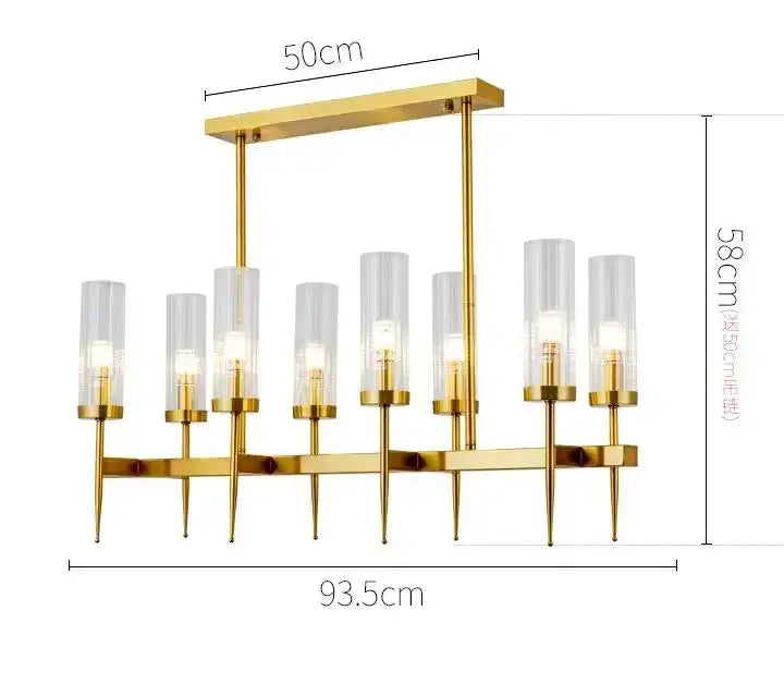Decorbites gold plated nordic living room chandelier with eight clear glass cylinders and slender metallic arms in gold finish