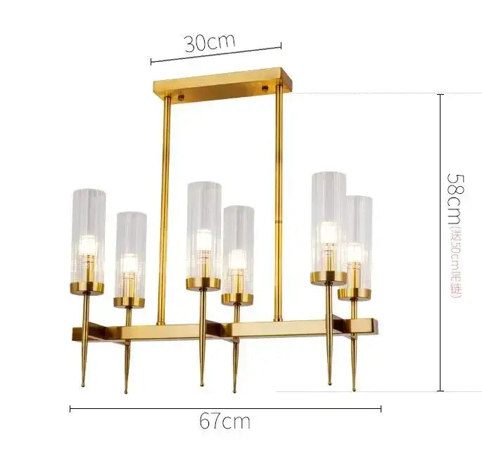 Decorbites gold plated nordic living room chandelier with six clear glass shades and slender metallic arms in gold finish