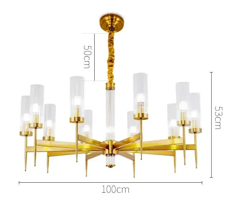 Gold plated nordic living room chandelier by decorbites featuring a twisted stem and clear cylindrical glass shades