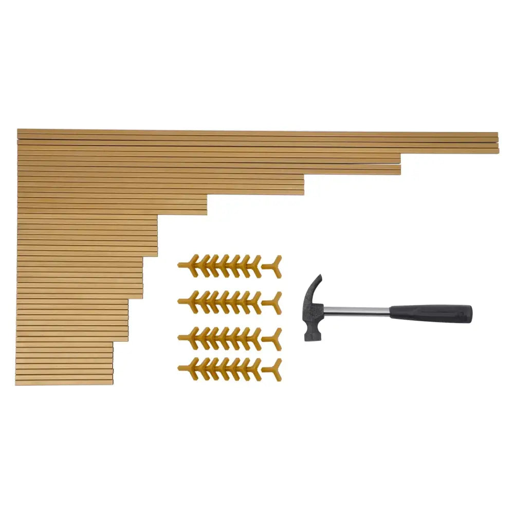 DecorBites gold wedding flower vase stand set with gold metal corner brackets, decorative finials, and black hammer