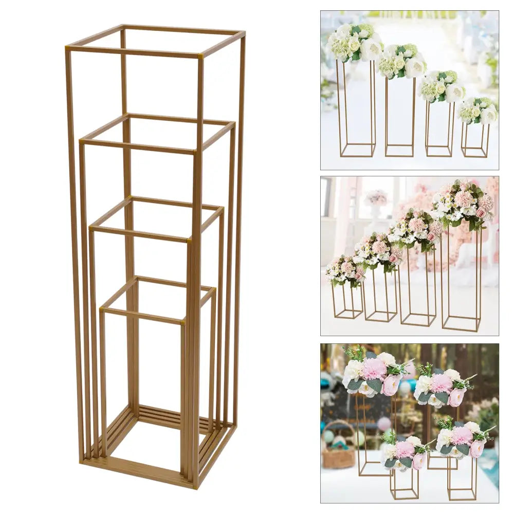 Gold wedding flower vase stand set by DecorBites featuring a modern geometric gold metal flower stand design