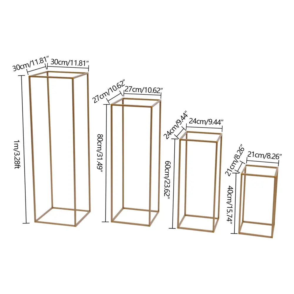 Set of four gold-toned metal rectangular flower vase stands in varying heights for gold wedding decor by DecorBites