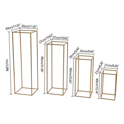 Set of four gold-toned metal rectangular flower vase stands in varying heights for gold wedding decor by DecorBites