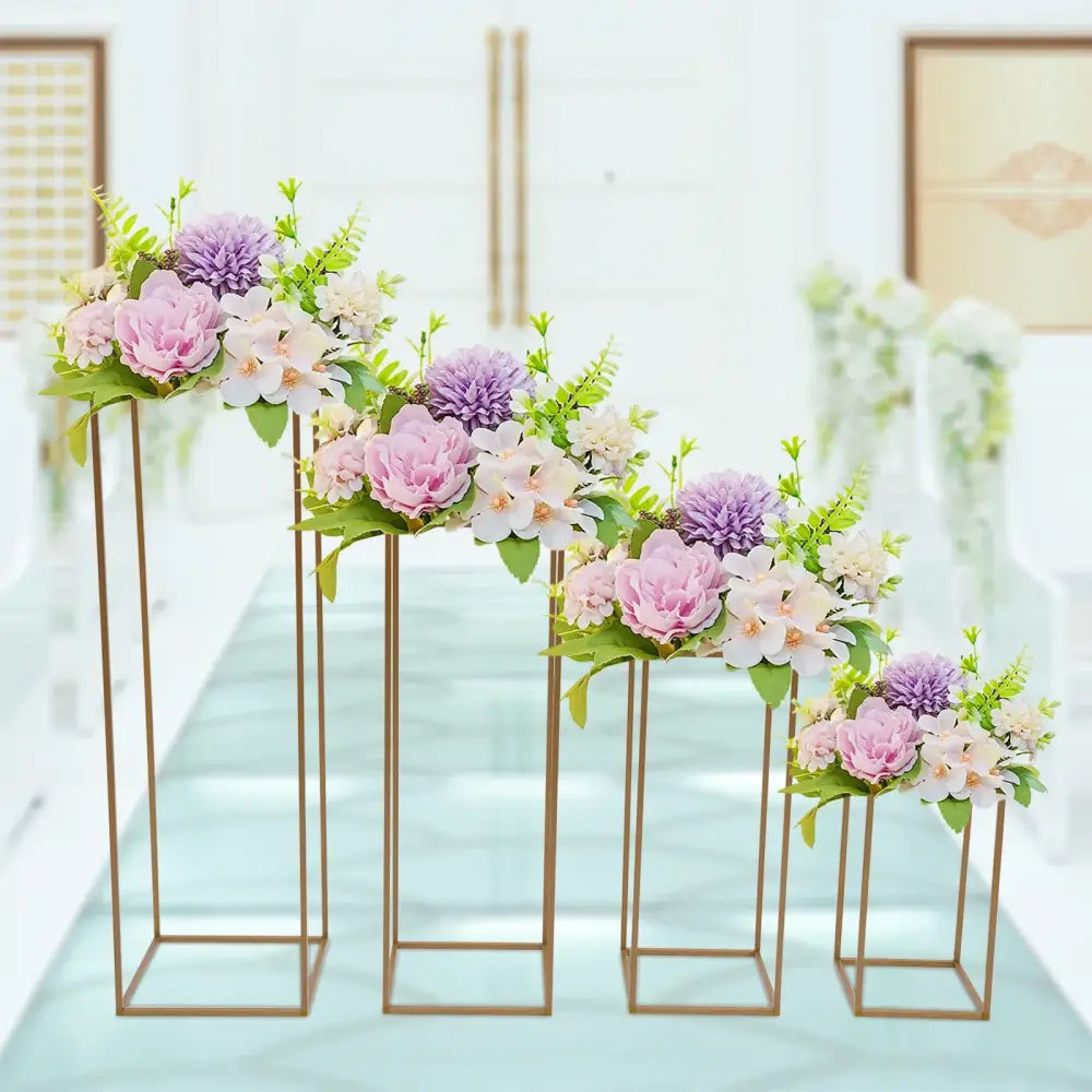 Decorbites™ gold wedding flower vase stand set of four gold-toned metal floral stands with pink and purple flowers