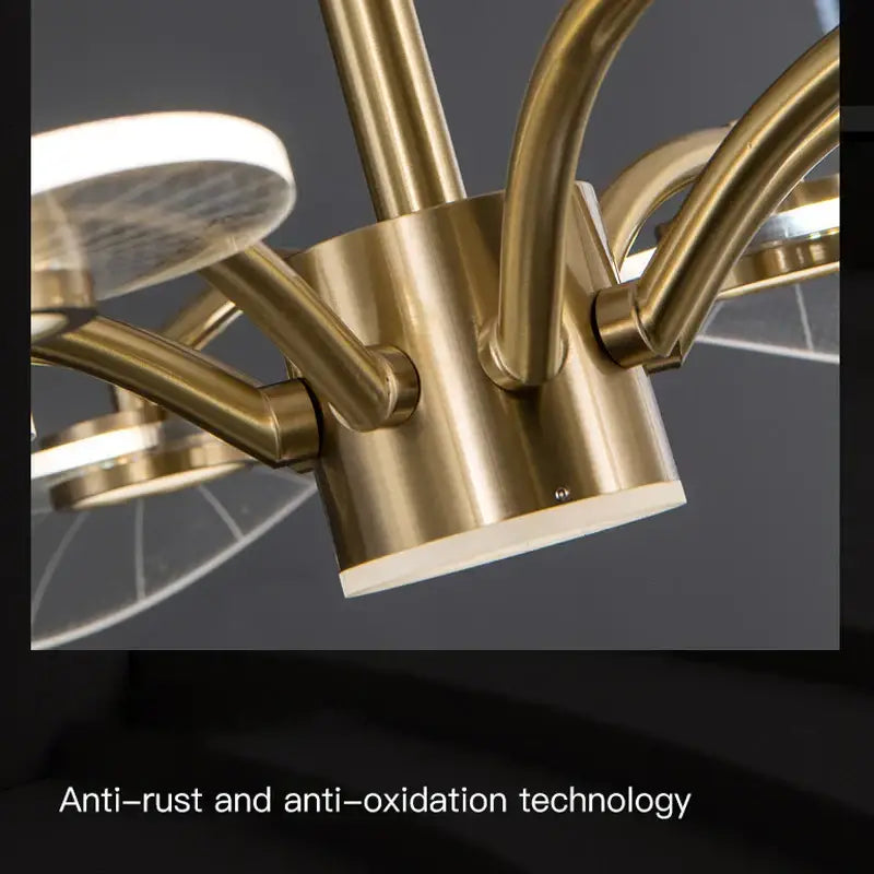 Brass-finished decorbites golden art peacock led chandelier with curved arms and circular translucent glass shades for living room light
