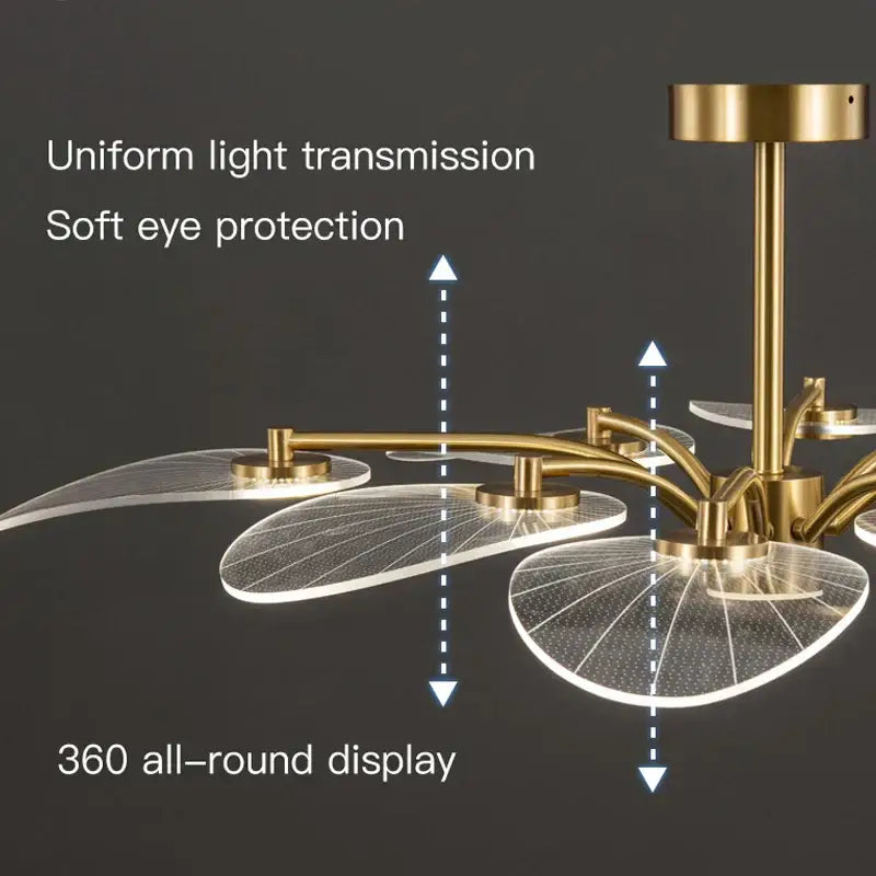 Decorbites golden art peacock led chandelier with gold tone and translucent leaf acrylic panels for living room lighting