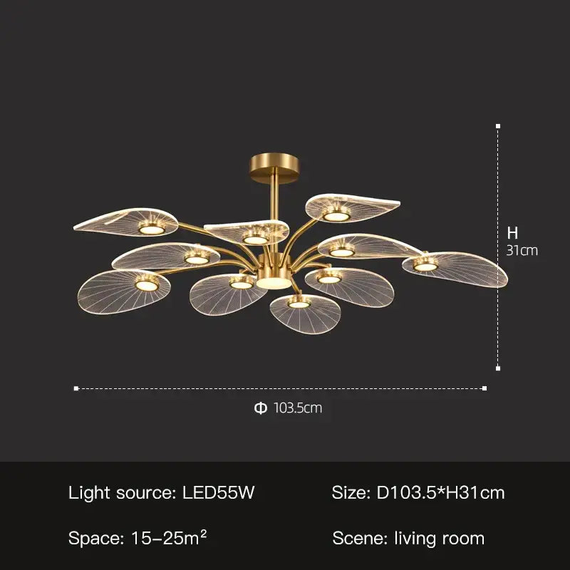 Decorbites golden art peacock led chandelier with gold-toned leaf design and translucent glass panels for living room lighting