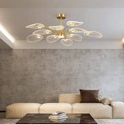 Decorbites golden art peacock led chandelier with gold-toned leaf design and translucent web-like glass shades for living room light