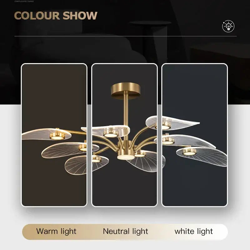 Decorbites golden art peacock led chandelier with gold-toned metal and translucent leaf-shaped glass shades for living room lighting