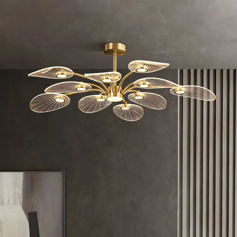 Decorbites golden art peacock led chandelier with gold-toned wire mesh leaf shades for living room lighting