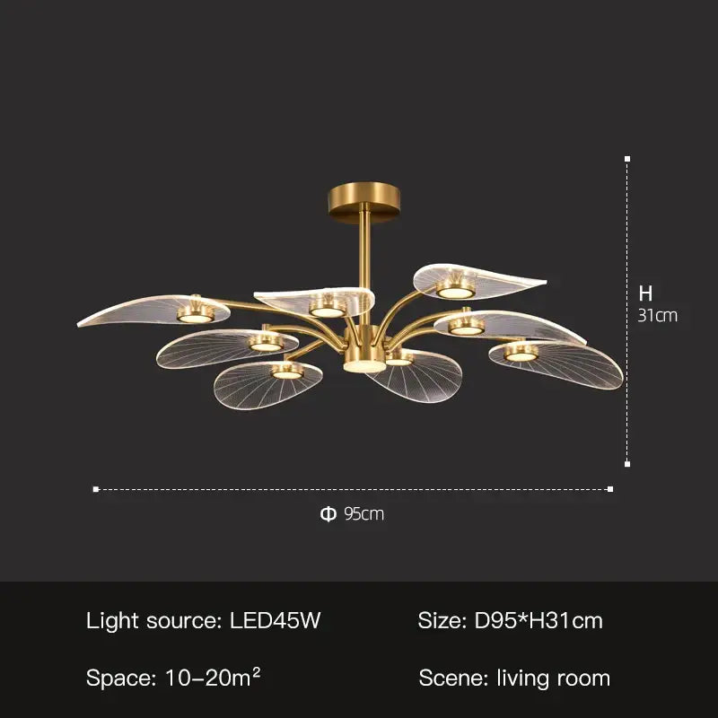 Decorbites golden art peacock led chandelier with six translucent leaf-shaped glass shades and gold-toned finish